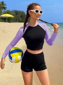 SHEIN Conjunto de traje de baño de ajuste ceñido con mangas raglan y bloques de color morado y negro, adecuado para adolescentes y niñas jóvenes para el verano y la playa