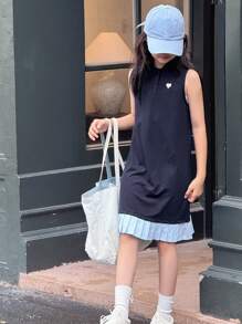 Dazy Kids 女童无袖 T 恤连衣裙，撞色下摆拼接，女童夏季服装，返校服装 - 藍色 - 查看 2