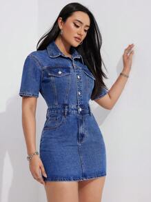 SHEIN Plus Size Women's Denim Button Half Placket Short Sleeve Pocketed Casual Dress - Blue - View 6