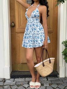 Sunnyshic 女式夏季碎花荷叶边拼接露背蝴蝶结迷你连衣裙，休闲度假装 - 藍白色 - 查看 6