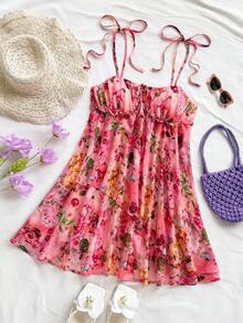 Soleia 梭织印花细肩带女式迷你连衣裙休闲装度假网眼连衣裙女式春装碎花连衣裙女式太阳裙碎花夏装夏季度假连衣裙玫瑰印花连衣裙女式夏装碎花太阳裙 - 彩色 - 查看 6