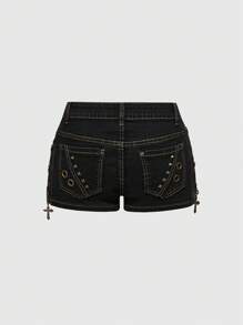 ROMWE Avant Shorts minifalda de cintura baja con decoración de cruz de metal lavado en estilo vintage desgastado