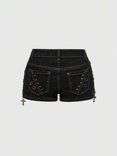 ROMWE Avant Distressed Vintage Washed Side Metal Cross Decor Low Waist Mini Shorts
