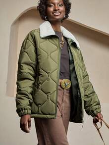 Bóhologie Woman Solid Color Woven Padded Insulated Winter Coat Jacket Contrast Fur Neck Regular Length Casual Winter Clothing - Army Green - View 5