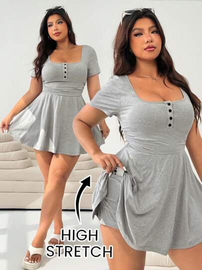 Solflare Plus Size Women's Summer Solid Color Square Neck Short Sleeve Casual Grey A-Line Flounce Hem Jumpsuit,Cute,Vacation,European Summer,Beach,Going Out,School,Brunch,Gym, Yoga, Everyday Wear, Comfortable Fabric, Pockets,Anti-Exposure,Privacy Protection Valentine's Day Outfit