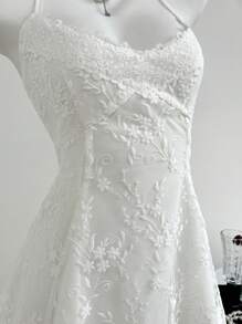 Elamini Spring/Summer Holiday Style Lace Trim Embroidered Mesh Slip Mini Dress For Women - Blue - View 4