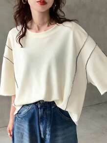 FRIFUL Top de plage casual à col rond oversize bicolore pour femmes, hauts polyvalents à manches longues pour femmes