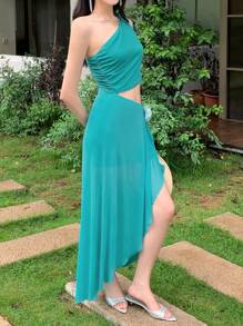 Breezaya Vestido con un hombro, sin mangas, con decoración floral 3D y corte en la cintura para mujer