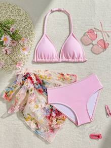 Conjunto de bikini con estampado floral y Bottom blanca contrastante para niñas preadolescentes, que acentúa la silueta de verano y irradia un ambiente seductor