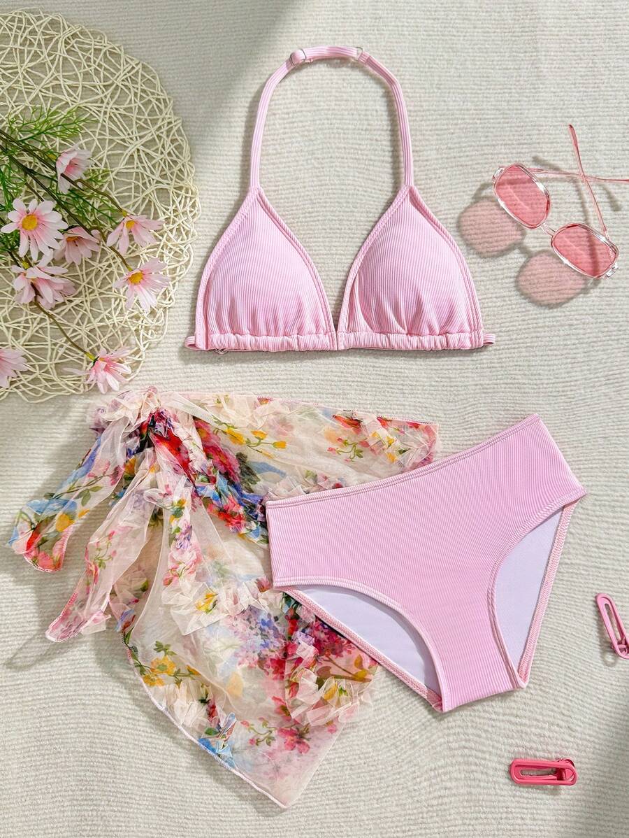 Conjunto de bikini con estampado floral y Bottom blanca contrastante para niñas preadolescentes, que acentúa la silueta de verano y irradia un ambiente seductor