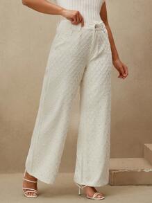 Anewsta Women's Elegant Modern Plaid Textured Sequin Embellished Pants - Apricot - View 7