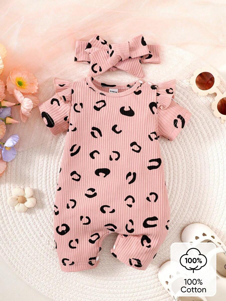 SHEIN Baby Girls' Comfortable Printed Romper, Suitable For Summer