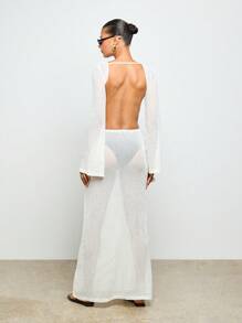 AiiRZ Crochet Maxi Dress Beachwear Cover Up Bell Sleeve Open Back Summer Pool Resort Luxury Coverup White - Apricot - View 2