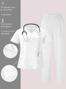 TaskEZ Women's Plus Size Solid Color V-Neck Short Sleeve Pocket Top And Pants Uniform Set