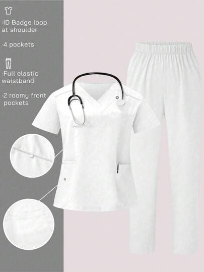 TaskEZ Women's Plus Size Solid Color V-Neck Short Sleeve Pocket Top And Pants Uniform Set