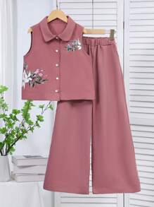 SHEIN 2Pcs/Set Tween GirlsApricot Sleeveless Printed Shirt + Wide-Leg Pants Suit, Comfortable Casual Vacation Outfits For Spring & Summer - Burgundy - View 8