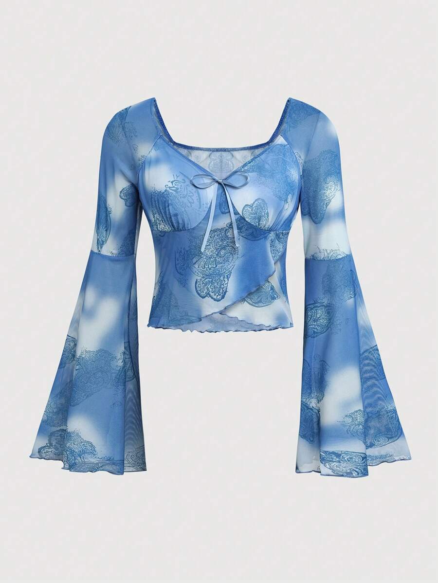 Retro American Chic V-Neck Flare Sleeve Printed Blouse Fall Cloth For Women