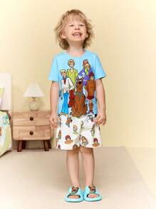 SCOOBY-DOO X SHEIN 小男孩卡通印花圆领短袖T恤和白色宽松短裤睡衣套装，夏季 - 彩色 - 查看 4