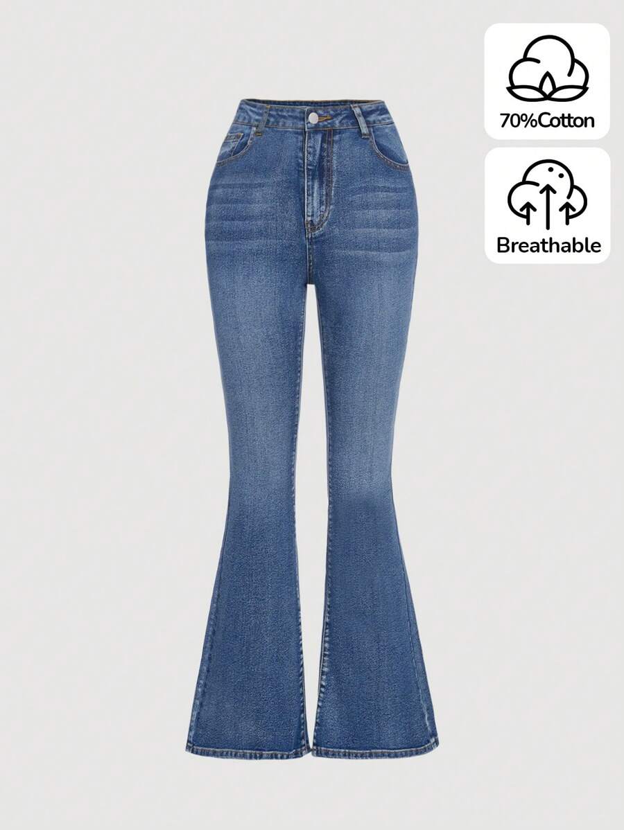 SHEIN Teen Girls Slant Pocket Flare Leg Jeans - Dark Wash - View 1