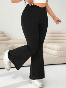 Solflare 大码简约纯色裹身喇叭高腰高弹力裤，商务休闲女装情人节 - 黑色 - 查看 5