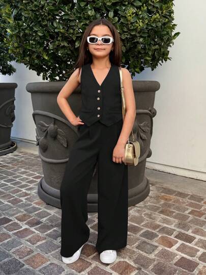 Firerie Kids Firerie Kids Tween Girl Street Casual Solid Color Woven Sleeveless Top & Straight Leg Long Pants Set