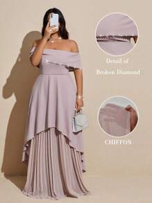 SHEIN Galaire 大码女式优雅奢华派对礼服，露肩，水钻装饰，雪纺褶皱长裙 - 杏色 - 查看 1