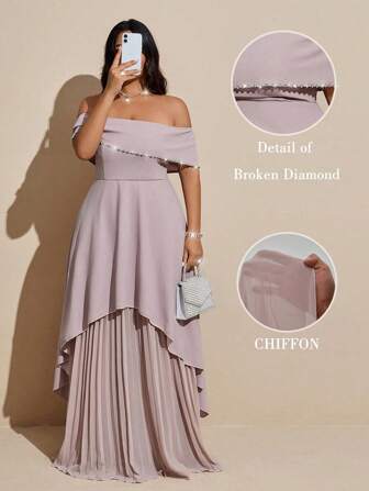 Viva Relle Plus Size Women Elegant Luxury Party Dress, Off Shoulder, Rhinestone Decor, Chiffon Pleated Maxi Dress