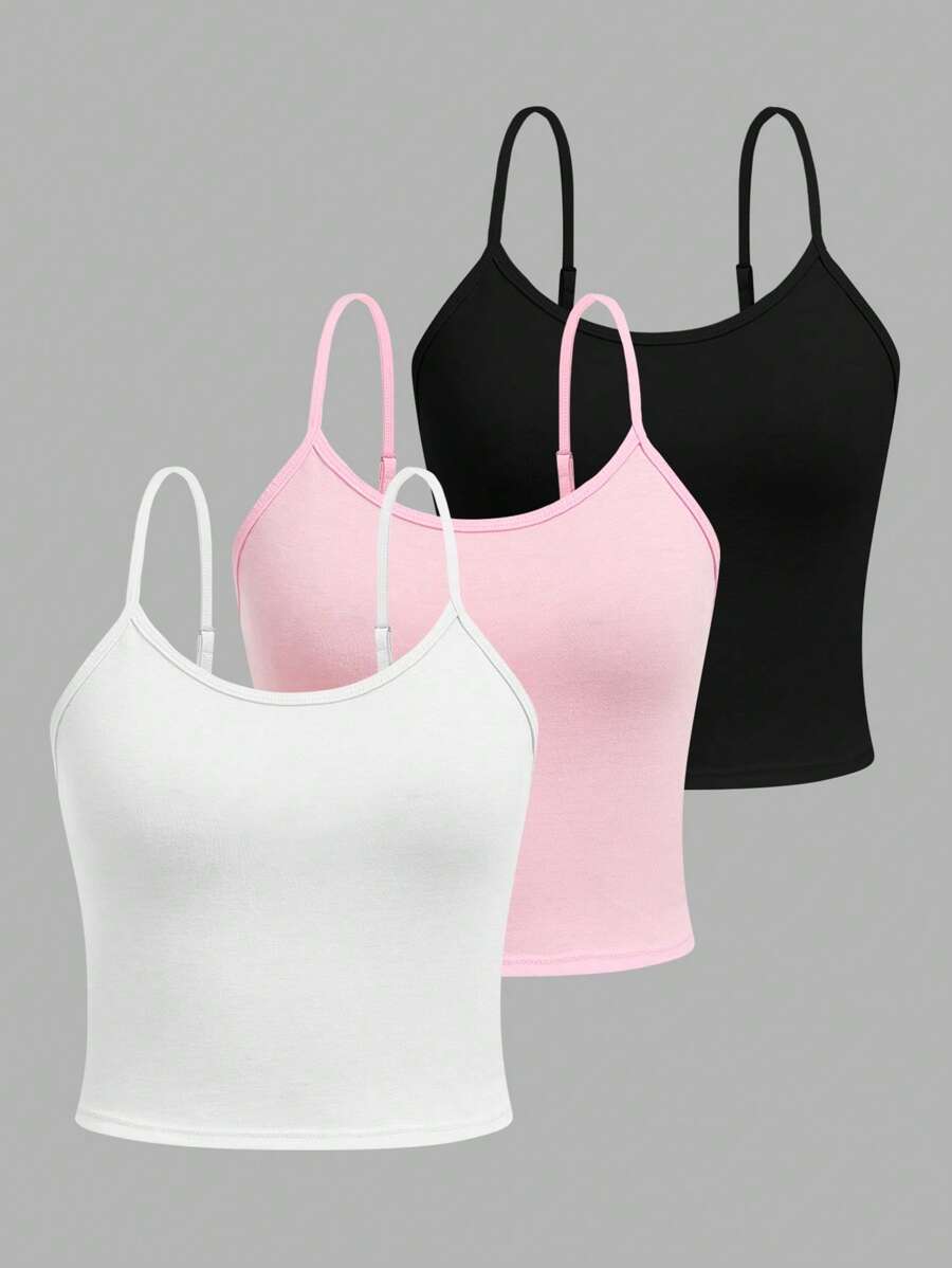 少女三件套简约舒适可调节肩带修身吊带背心套装 - 粉色 - 查看 1