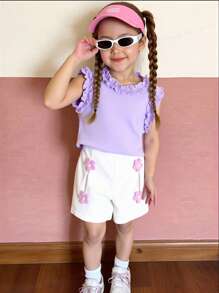 Genkimix Kids 2pcs/Set Toddler Girls' Cute & Elegant Purple Ruffled Trim Knit Camisole Top With Woven Shorts, Casual Spring/Summer Outfit For Party, Wedding, Vacation Girl Summer Clothes Set Sets For Girls Clothes Summer Outfits For Girls Clothes Set Girls Summer Clothes Sets - Purple - View 3