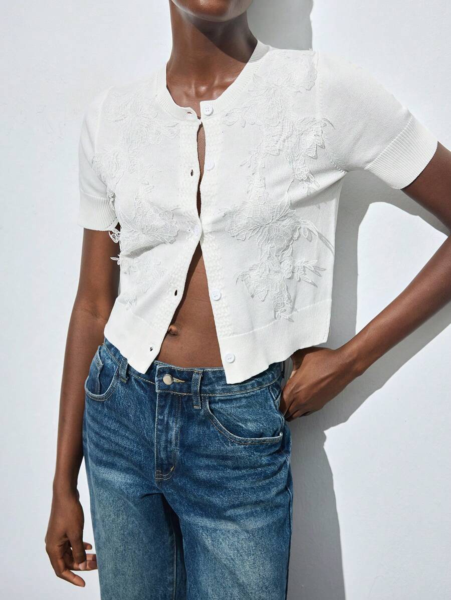 Maija 2025 Summer New White Button Front Hand-Sewn Lace Trim Adorable Summer Blouse For Women, Knit Top Suited For Urban Commute, Elegant Modern Romantic Casual Party Beach Vacation Music Festival Brunch Office Graduation Season Saint John's Festival - White - View 1