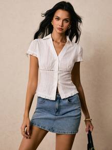 Poéselle White Cotton Shirt, Lace Stitching, Jacquard Fabric, Exquisite And Elegant, Comfortable And Breathable Fabric, Work Clothes, Business Shirt, Women's Summer Contrast Lace Puff Sleeve Elegant Blouse,Suitable For Daily Wear, Going Out, Commuting, Dating And Other Occasions,Poeselle