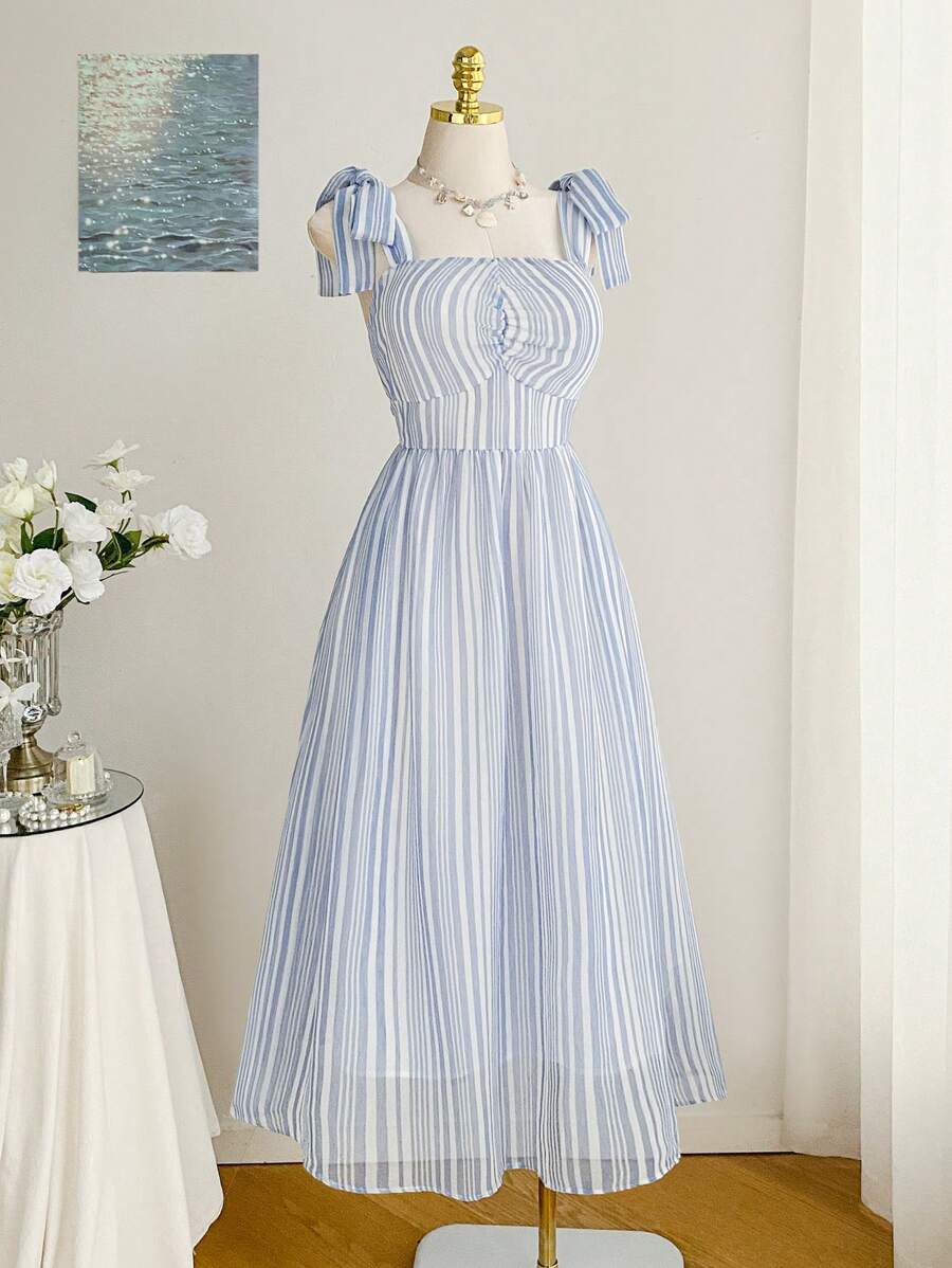 Comfortcana 大码夏季假日休闲条纹连衣裙 - 淺藍色 - 查看 1