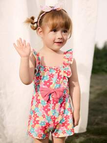 Cozy Pixies Baby Girl Floral Print Round Neck Ruffle Trim Sleeveless Romper Shorts - Multicolor - View 4