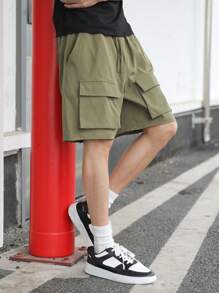 SHEIN Pantaloni scurți cargo pentru adolescenți cu buzunare 3D, stil casual universitar, confortabili și la modă, material moale, versatil pentru purtare zilnică, școală, călătorii, sporturi în aer liber - Verde Armată - Vizualizare 8