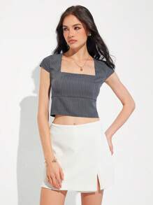 Roylia Women Square Collar Short Sleeve Grey Striped Crop Blouse - Grey - View 3