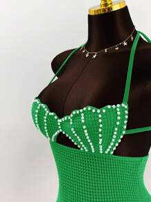 Amplova Pearl Shell Decor Backless Halter Neck Bandage Bodycon Tight Mini Dress - Green - View 8