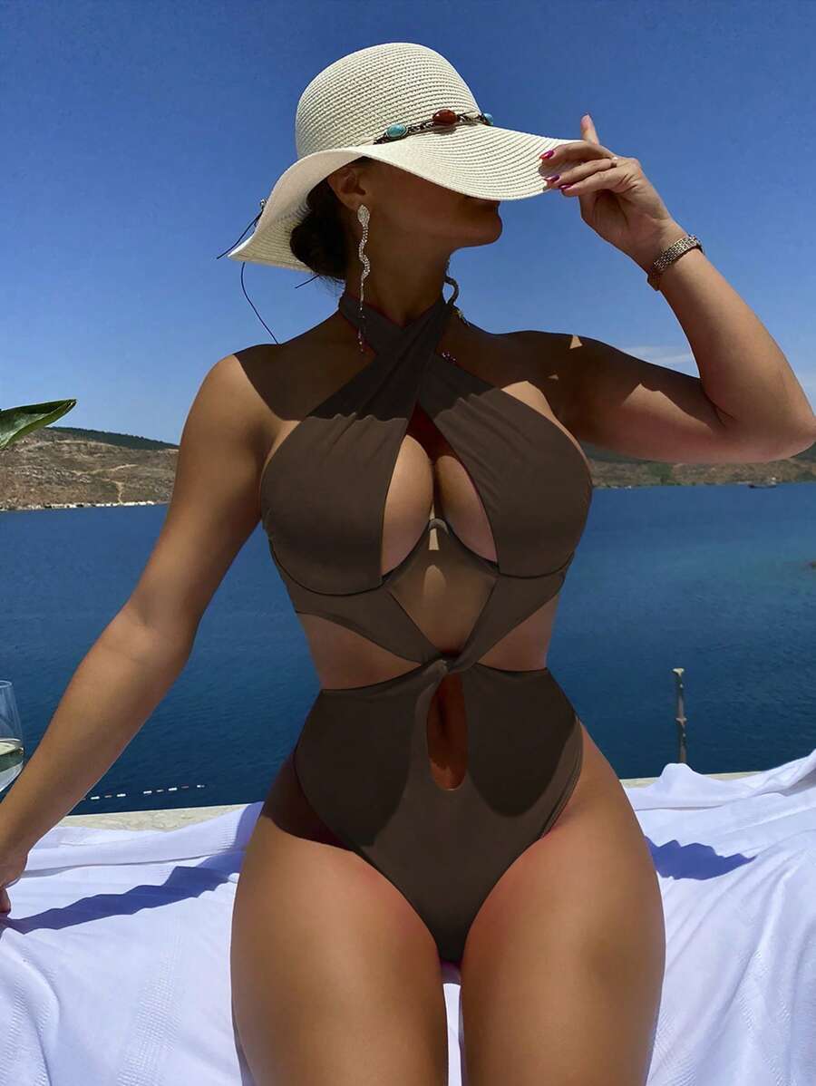 SHEIN Swim 1 件纯色露背性感泳衣，带钢圈，非聚拢连体泳衣