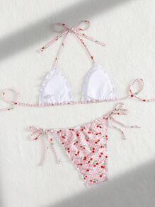 Swim Mod 2 Pieces Cherry Random Printed Tie Front Ruffled Swimsuit For Women For Summer Beach Vacation - Multicolor - View 2