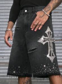 AXEPEAK 时尚哥特式直筒宽松男士牛仔短裤，街头风，Emo 风格