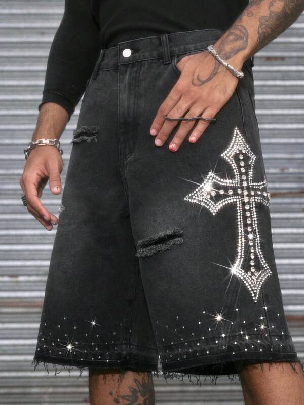 AXEPEAK Plus Size Men's Street Style Cross Ripped Denim Shorts