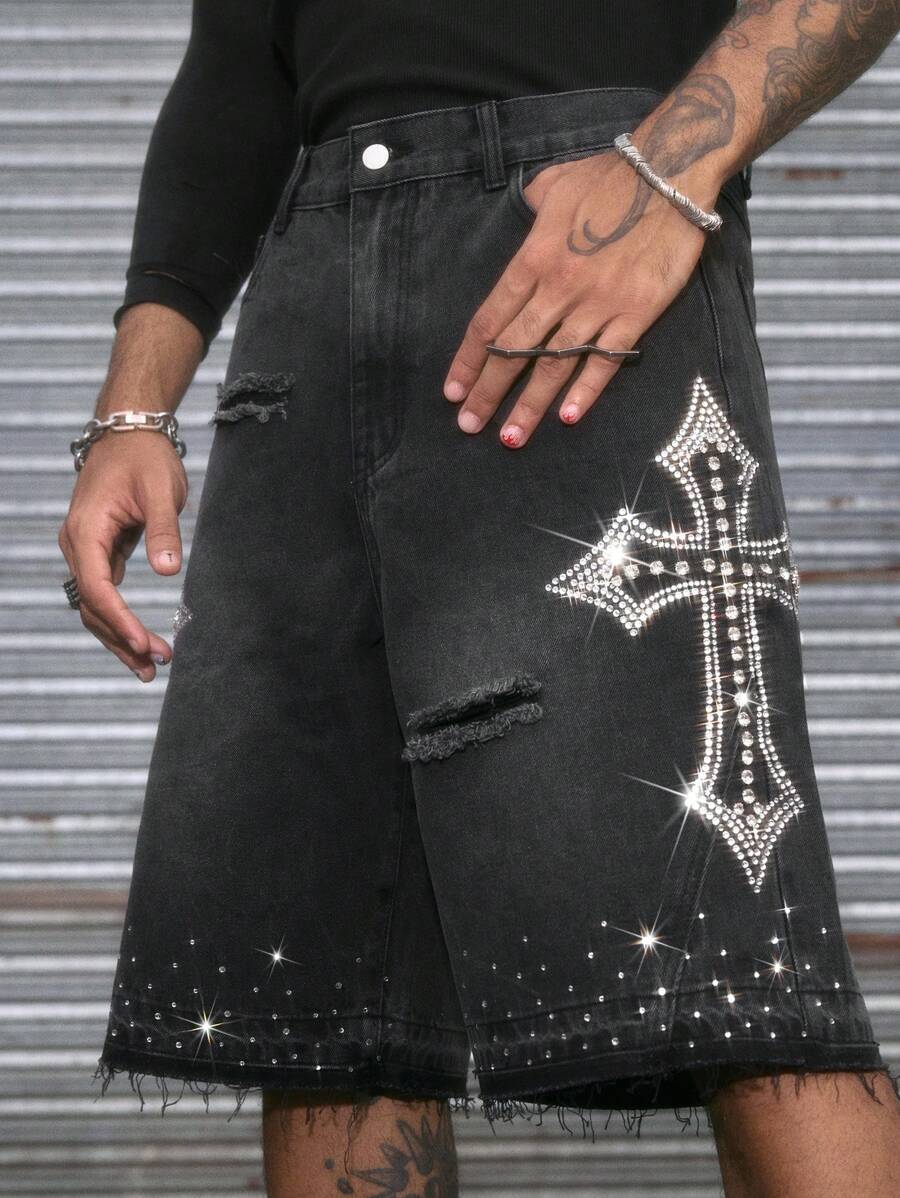 AXEPEAK 时尚哥特式直筒宽松男士牛仔短裤，街头风，Emo 风格