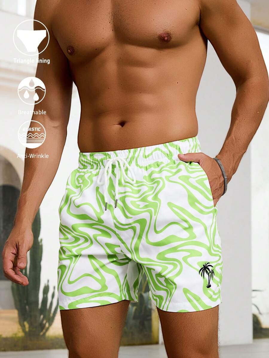 Manfinity Men's Marble Print Drawstring Waist Pocketed Beach Shorts - Lime Green - View 1