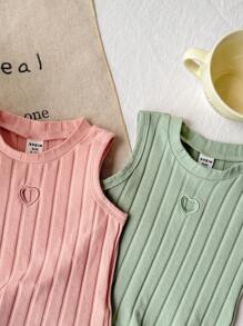 SHEIN Playful Pals 2件套女婴0-3岁春夏新款基础款镂空爱心圆领无袖短款T恤上衣，棉质针织面料，粉色和白色 - 彩色 - 查看 3
