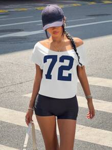 Jouncy Women's Number Print Off-Shoulder Round Neck Short Sleeve T-Shirt, Summer