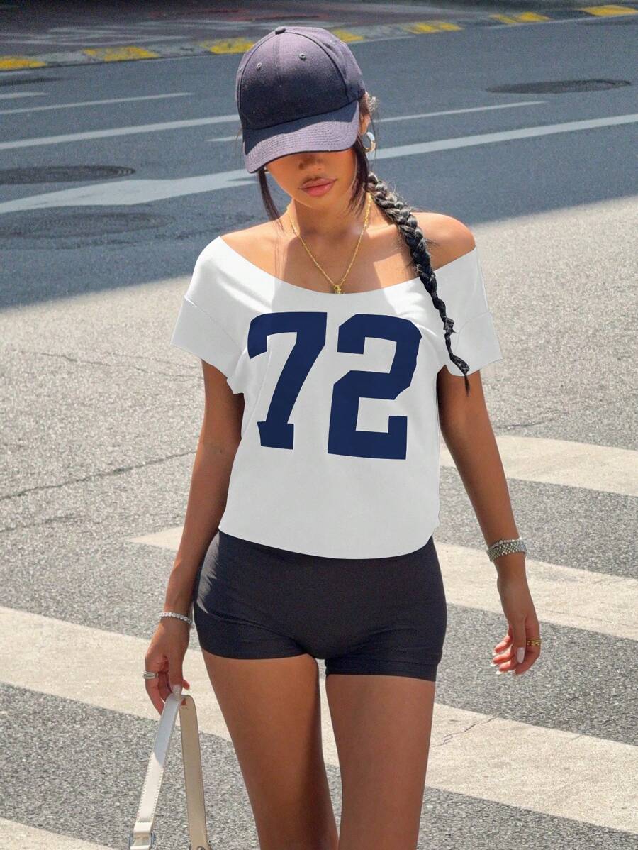 Jouncy Women's Number Print Off-Shoulder Round Neck Short Sleeve T-Shirt, Summer