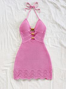 Soleia 女士性感镂空木珠装饰细肩带针织连衣裙，适合度假、派对、约会、海滩、游轮、下午茶、音乐节、波西米亚风格 - 粉色 - 查看 4