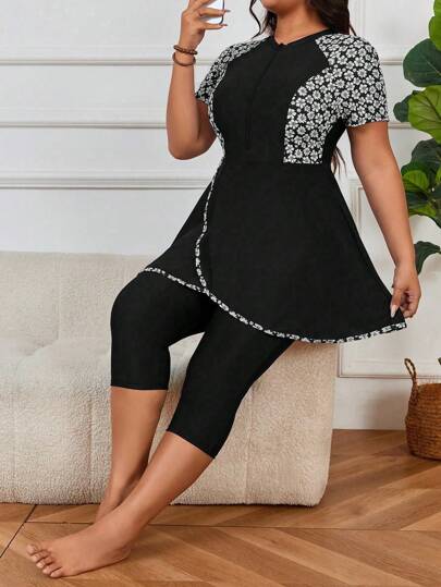 Swim Mulvari 2pcs/Set Plus Size Women Ditsy Floral Pattern Splice Zipper Ruffle Style Casual Resort Split Short Sleeve Swimwear For Summer Beach Vacation