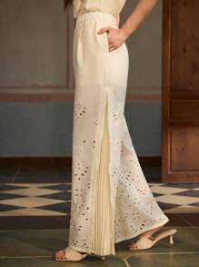 ZEYLAH 女士度假松紧腰刺绣侧褶阔腿裤 - 杏色 - 查看 1