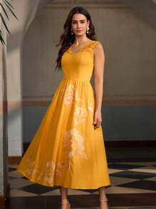 ZEYLAH Váy ren thêu vá không tay thanh lịch - Màu vàng - Xem 4