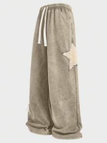 Manfinity VCAY Plus Size Men's Loose Streetwear Five-Pointed Star & Snowflake Embroidered Long Sweatpants - Mocha Brown - View 4